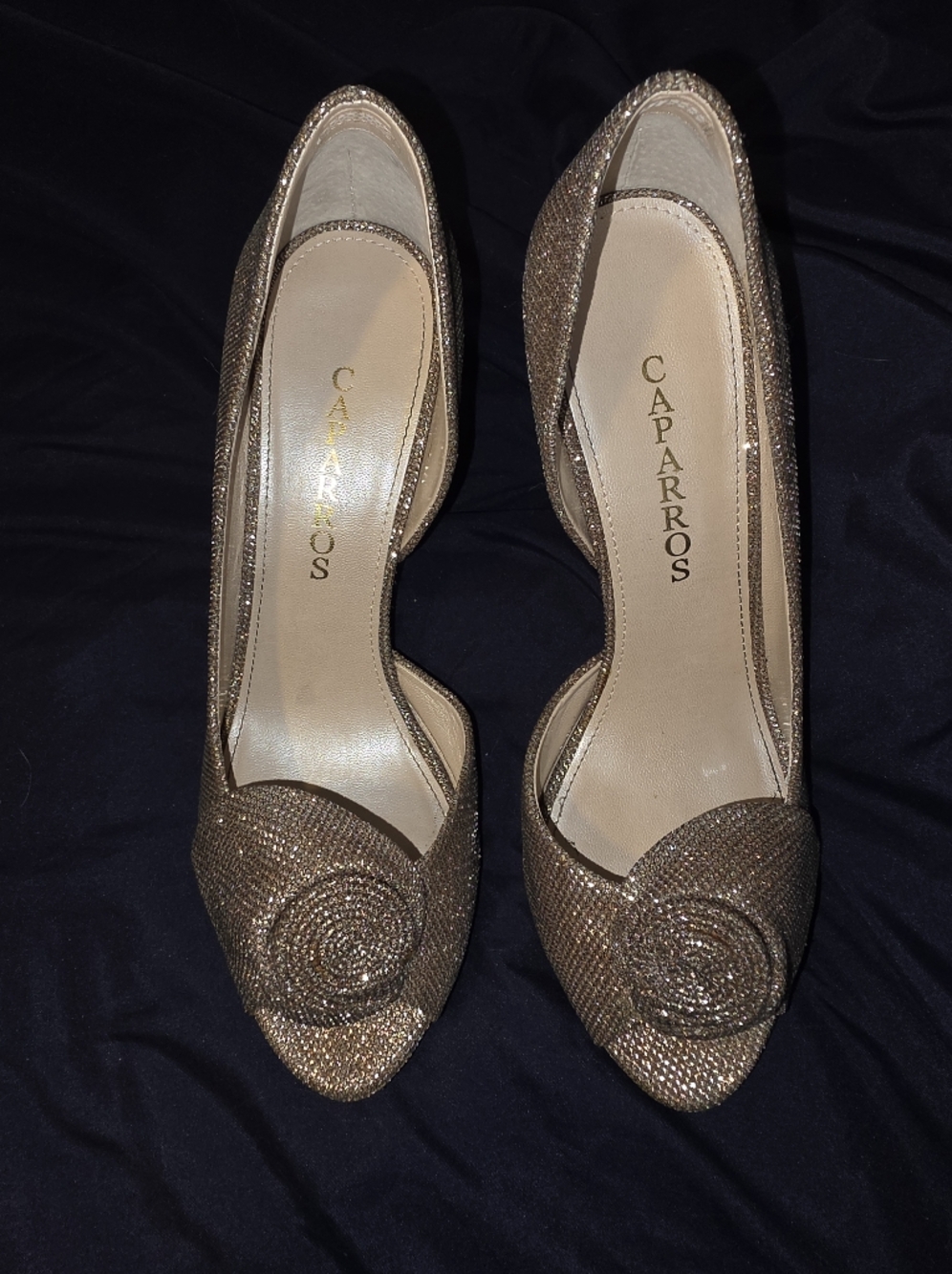 Caparros Champagne Glitter Pointed Toe Flats with Rosette